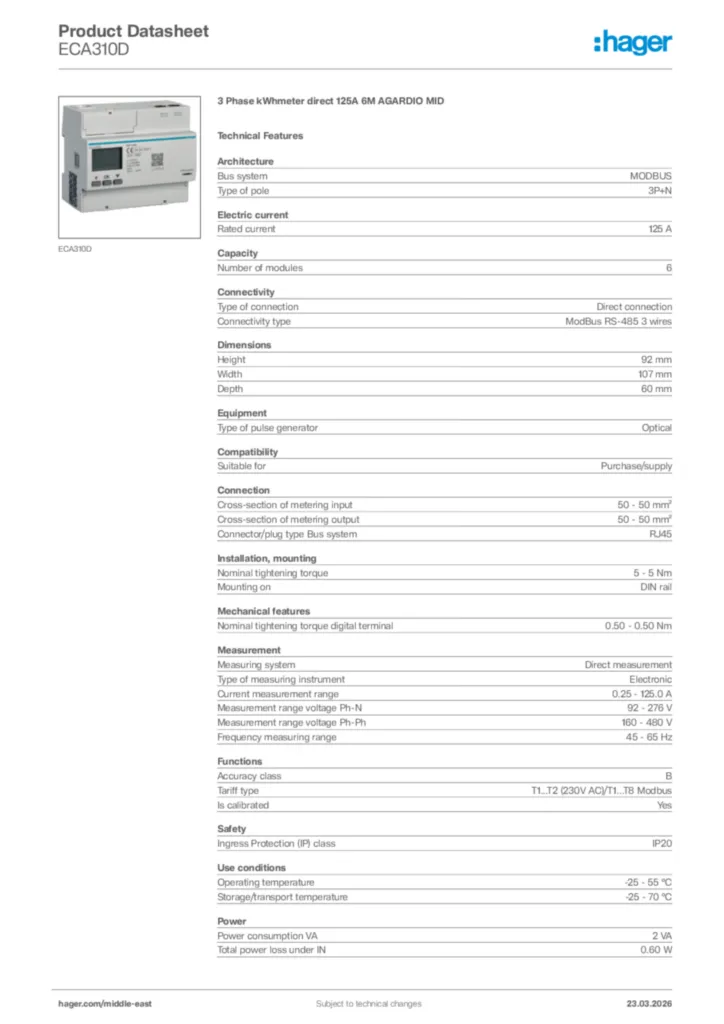 Image Hager Product data sheet ECA310D  | Hager