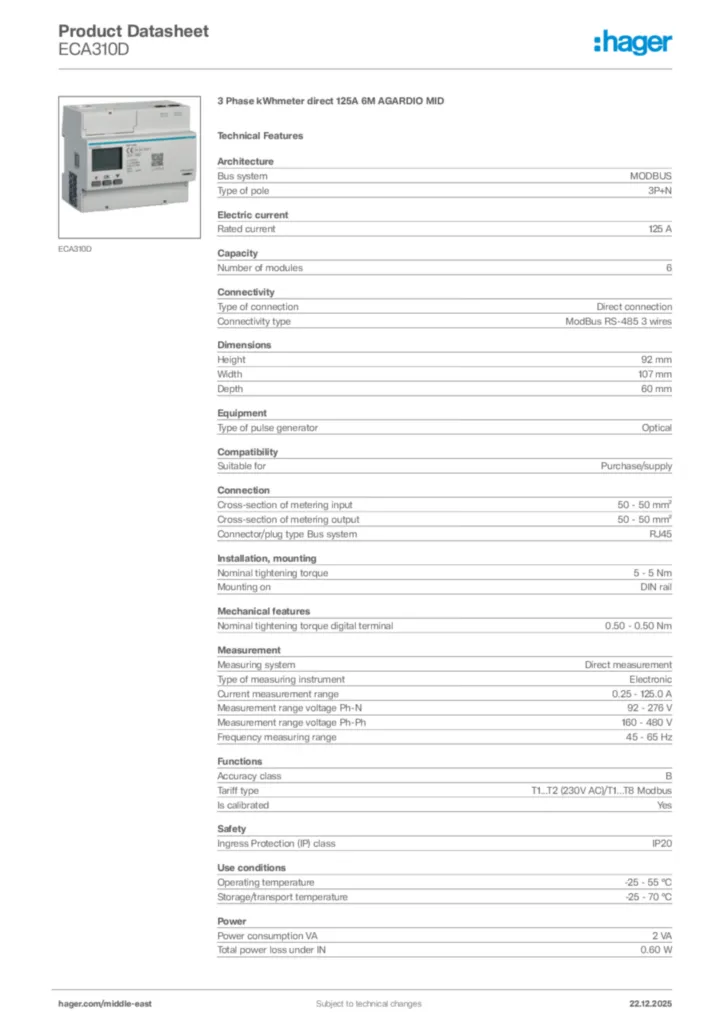 Image Hager Product data sheet ECA310D  | Hager