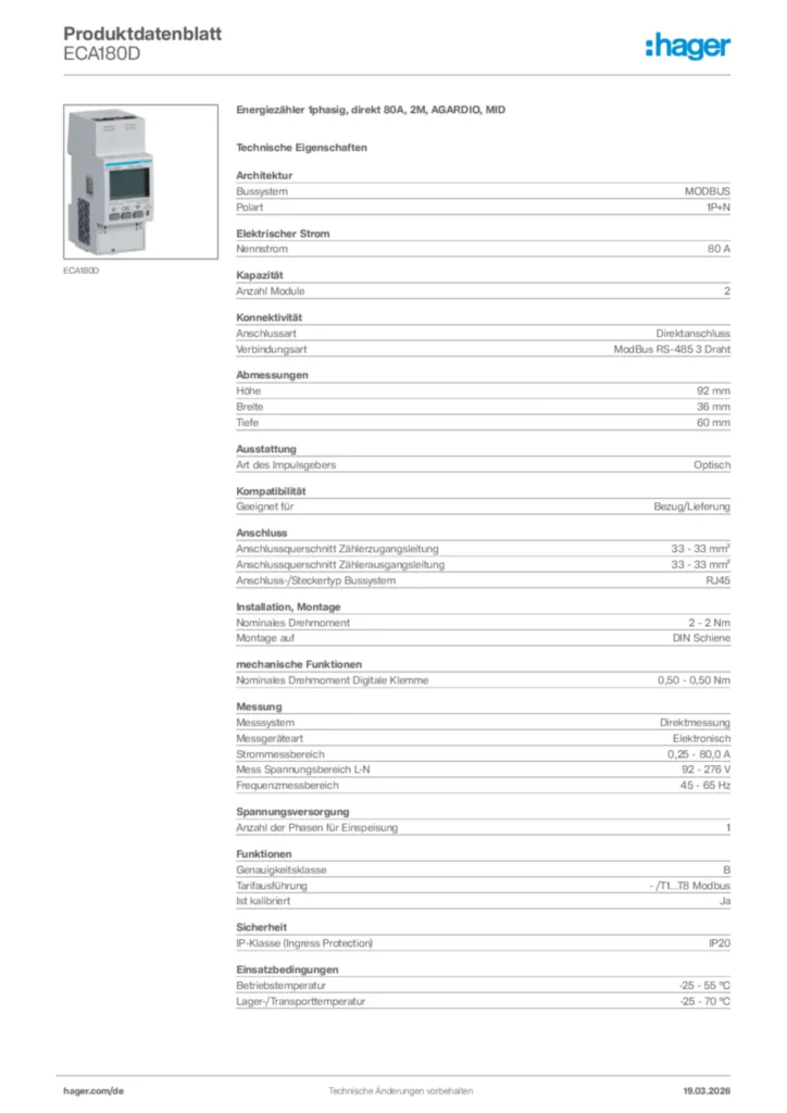 Bild Hager Produktdatenblatt ECA180D | Hager Deutschland