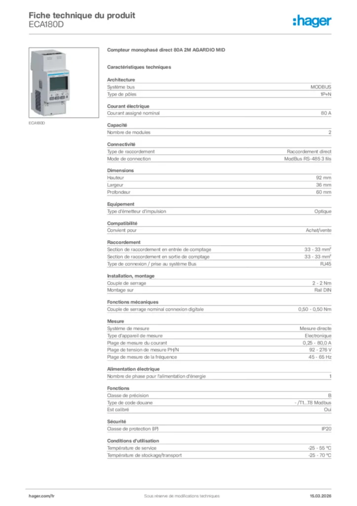 Image Hager Fiche technique du produit ECA180D | Hager France