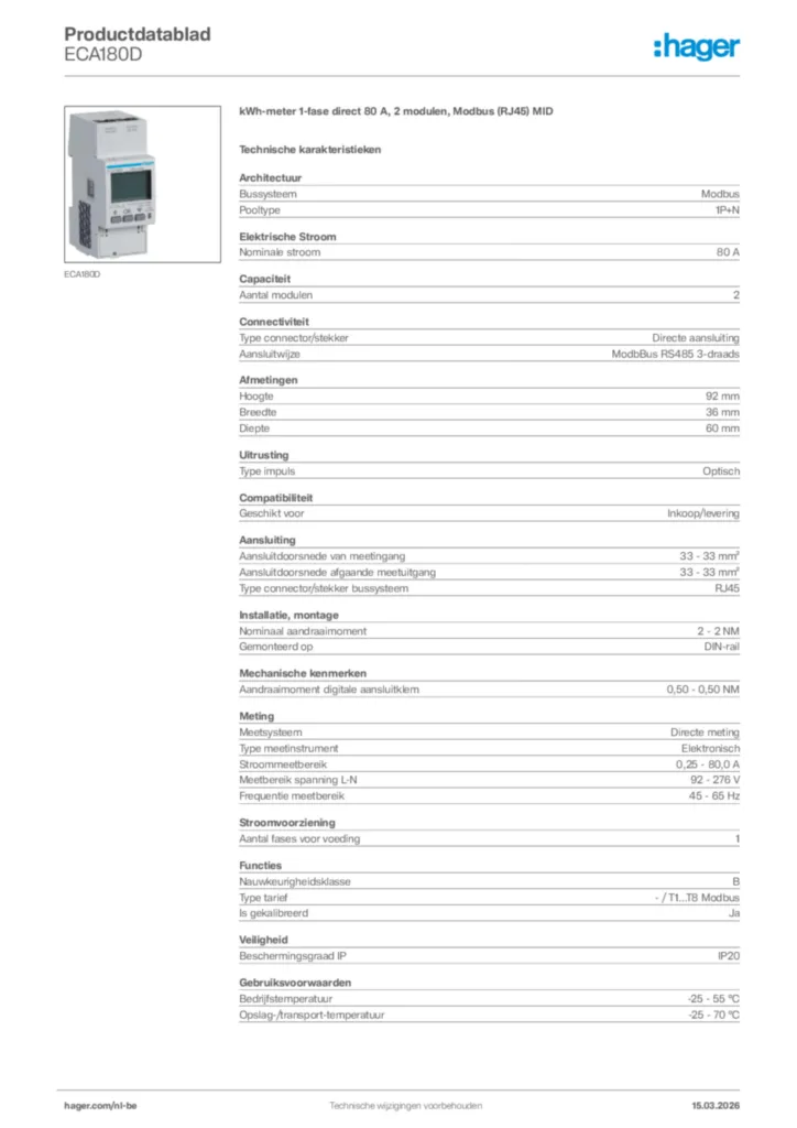 Afbeelding Hager Productdatablad ECA180D | Hager Belgium