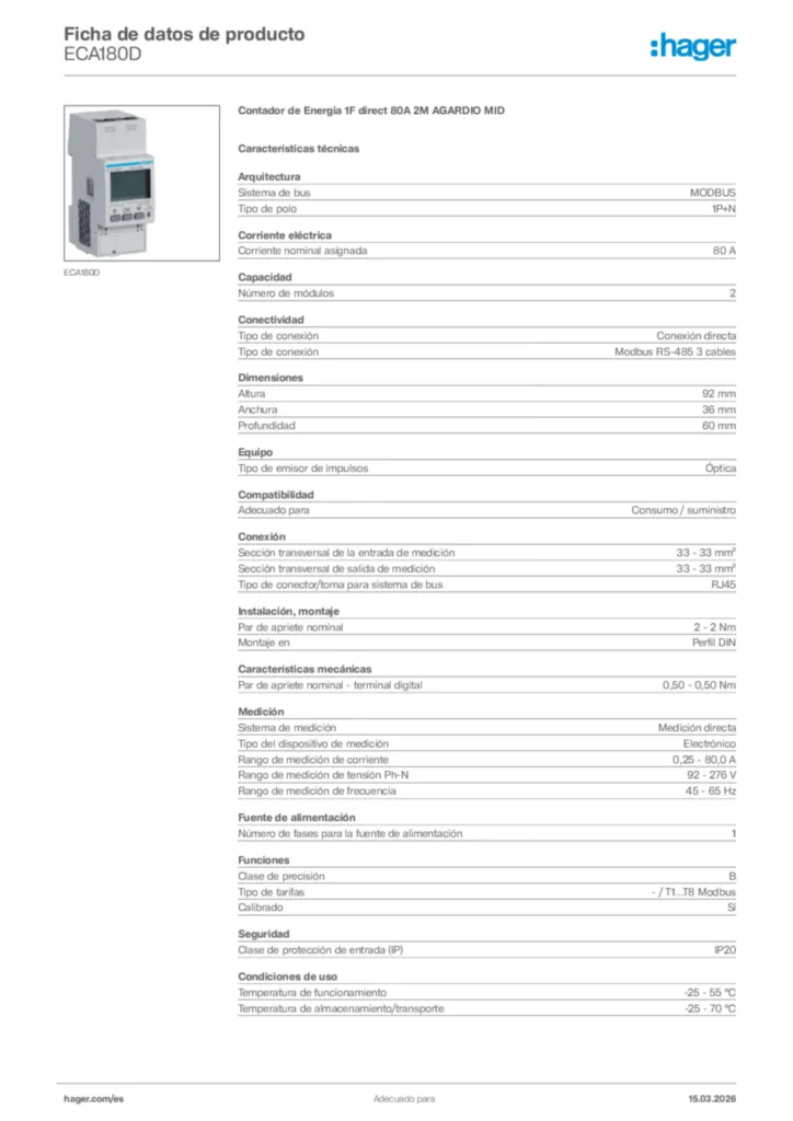 Imagen Hager Ficha de datos de producto ECA180D | Hager España