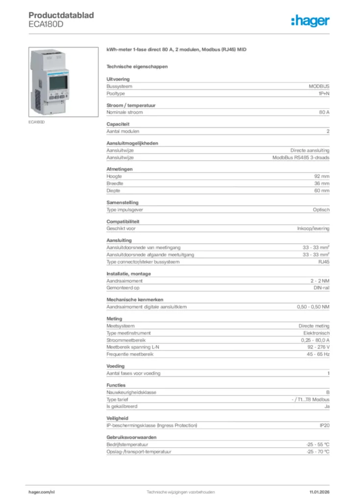 Afbeelding Hager Productdatablad ECA180D | Hager Nederland