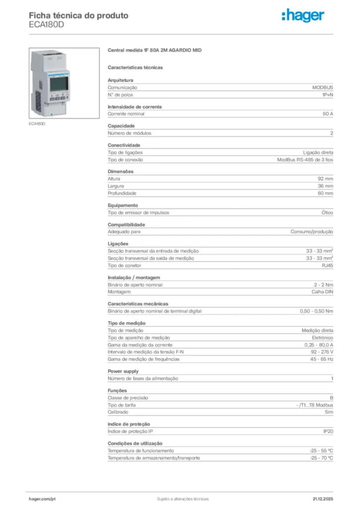 Imagem Hager Ficha técnica do produto ECA180D | Hager Portugal