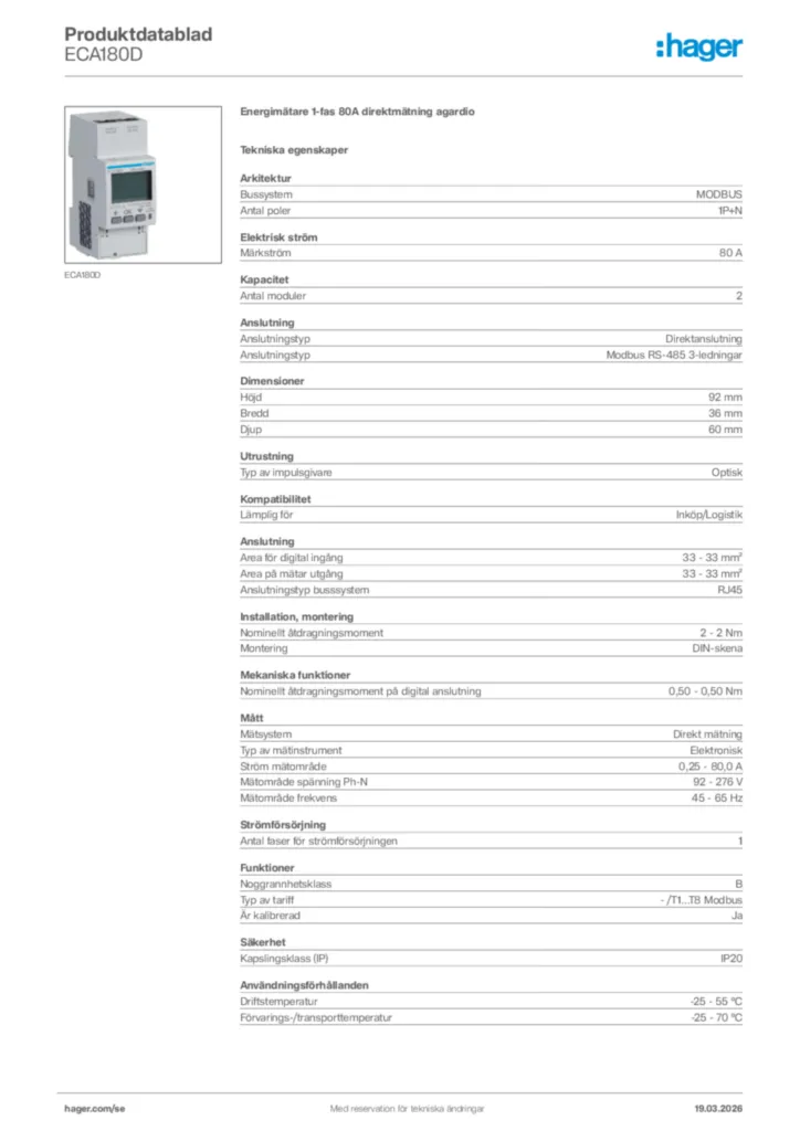 Bild Hager Produktdatablad ECA180D | Hager Sverige
