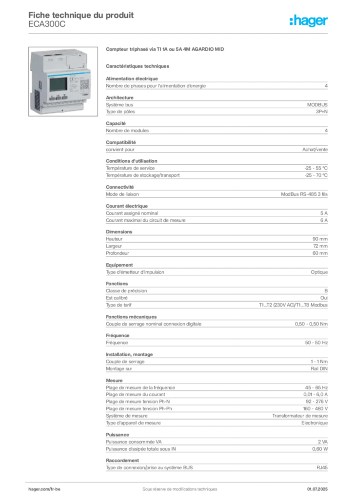 Image Hager Fiche technique du produit ECA300C | Hager Belgique