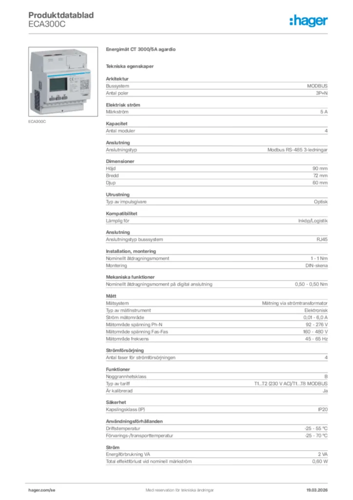 Bild Hager Produktdatablad ECA300C | Hager Sverige