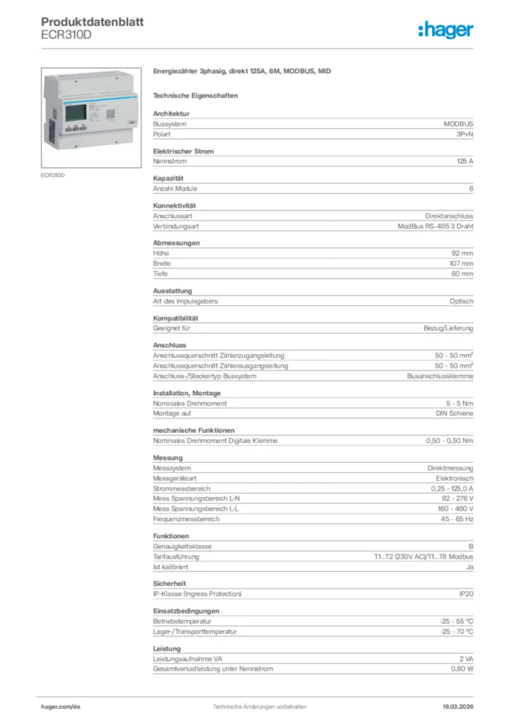 Bild Hager Produktdatenblatt ECR310D | Hager Deutschland