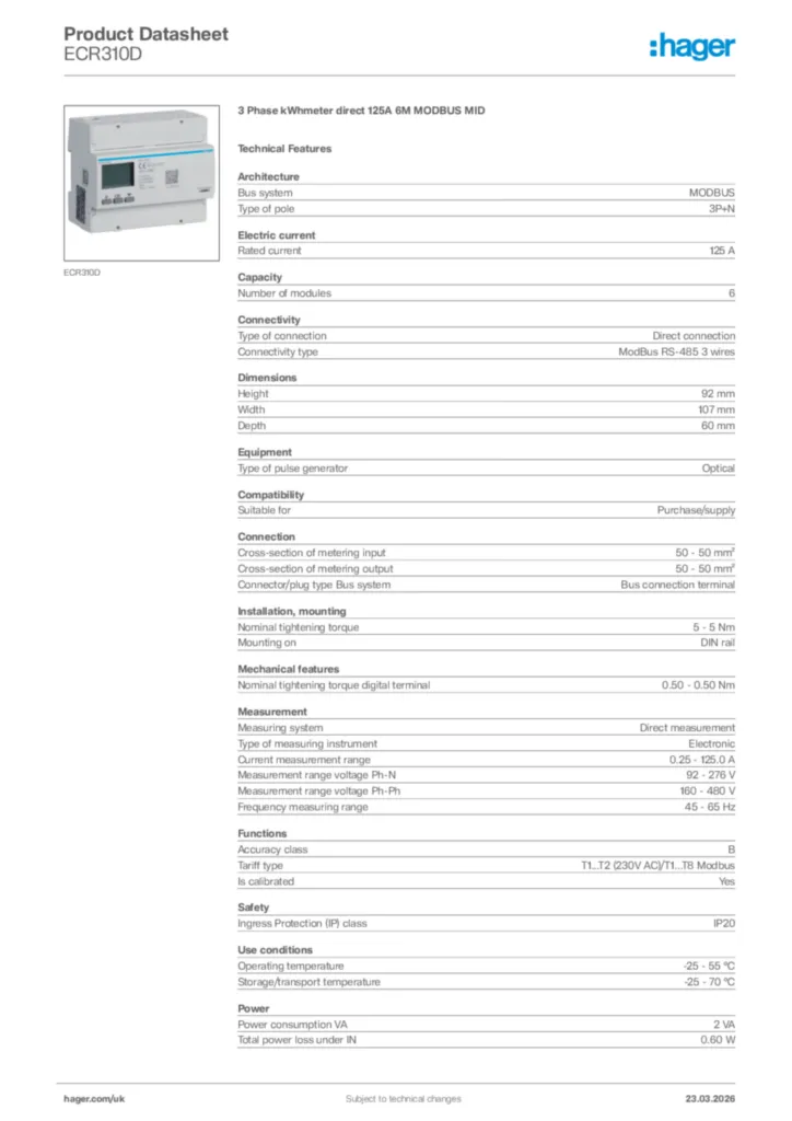 Image Hager Product data sheet ECR310D  | Hager