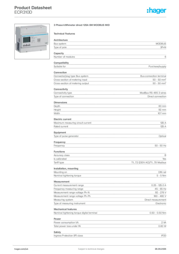 Image Hager Product data sheet ECR310D  | Hager