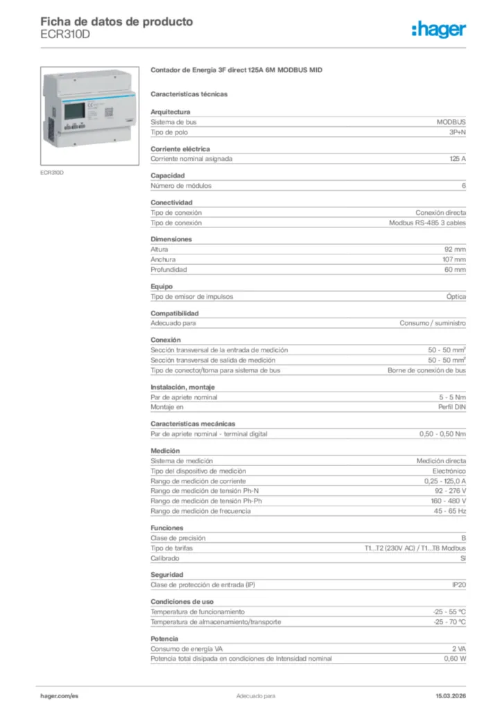 Imagen Hager Ficha de datos de producto ECR310D | Hager España