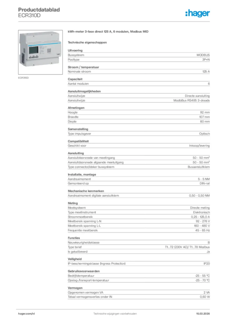 Afbeelding Hager Productdatablad ECR310D | Hager Nederland