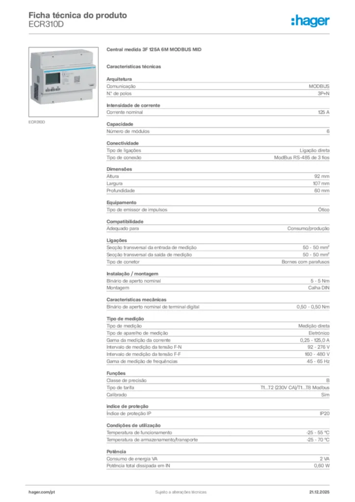 Imagem Hager Ficha técnica do produto ECR310D | Hager Portugal