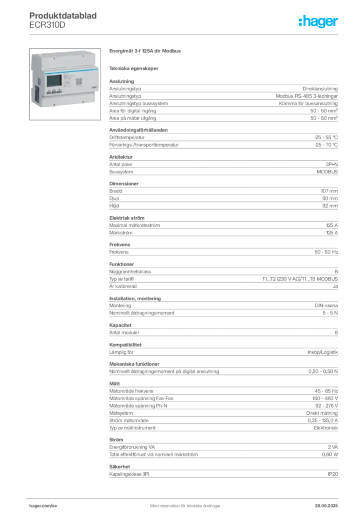 Bild Hager Produktdatablad ECR310D | Hager Sverige