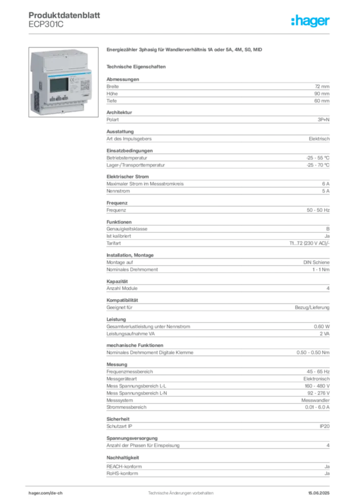 Bild Hager Produktdatenblatt ECP301C | Hager Schweiz