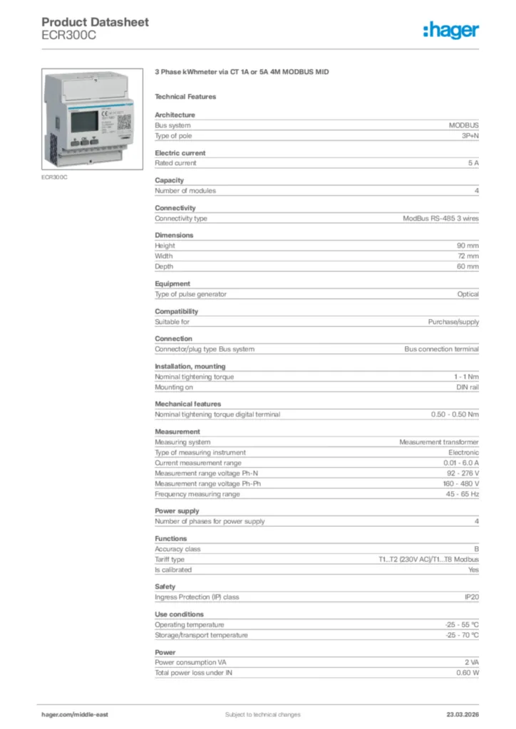 Image Hager Product data sheet ECR300C  | Hager