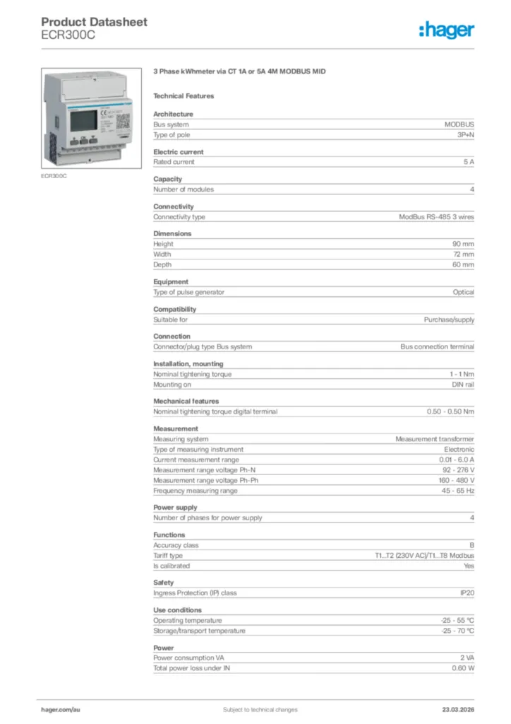 Image Hager Product data sheet ECR300C  | Hager Australia
