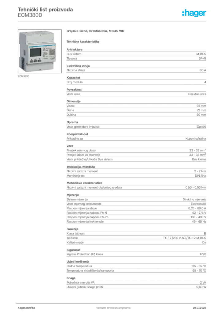 Slika Hager Product data sheet ECM380D  | Hager
