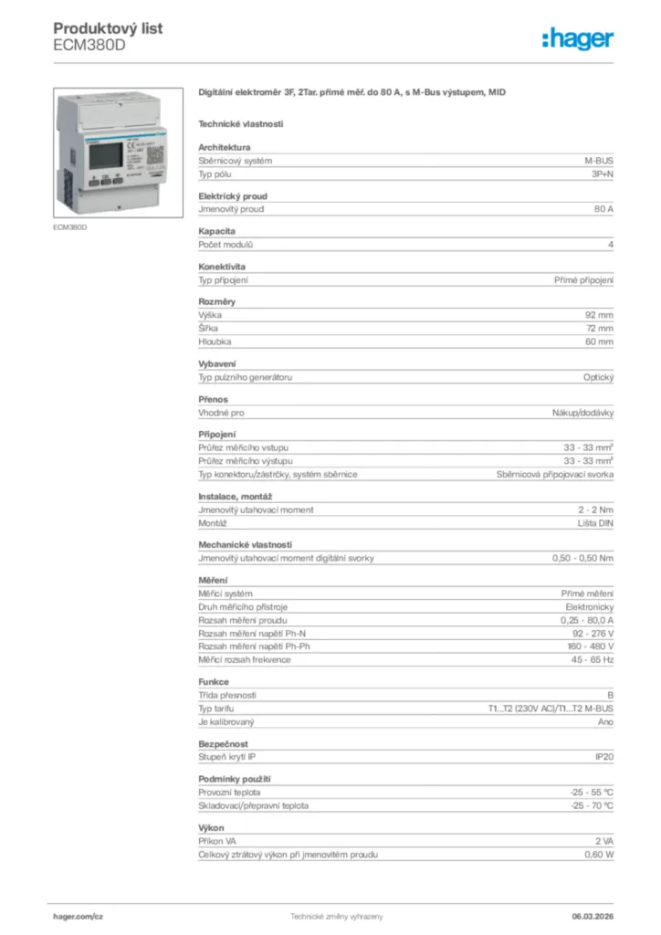 Obrázek Hager Product data sheet ECM380D | Hager
