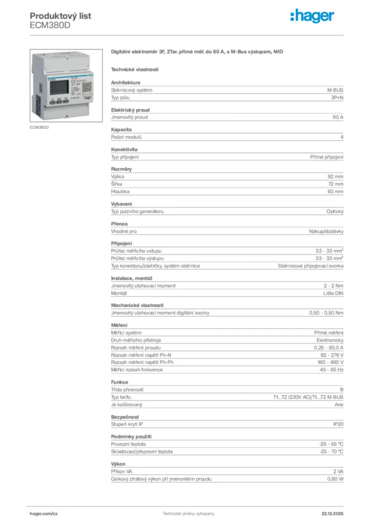 Obrázek Hager Product data sheet ECM380D | Hager