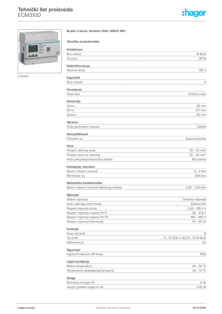 Slika Hager Product data sheet ECM310D  | Hager