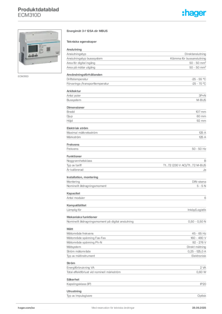 Bild Hager Produktdatablad ECM310D | Hager Sverige