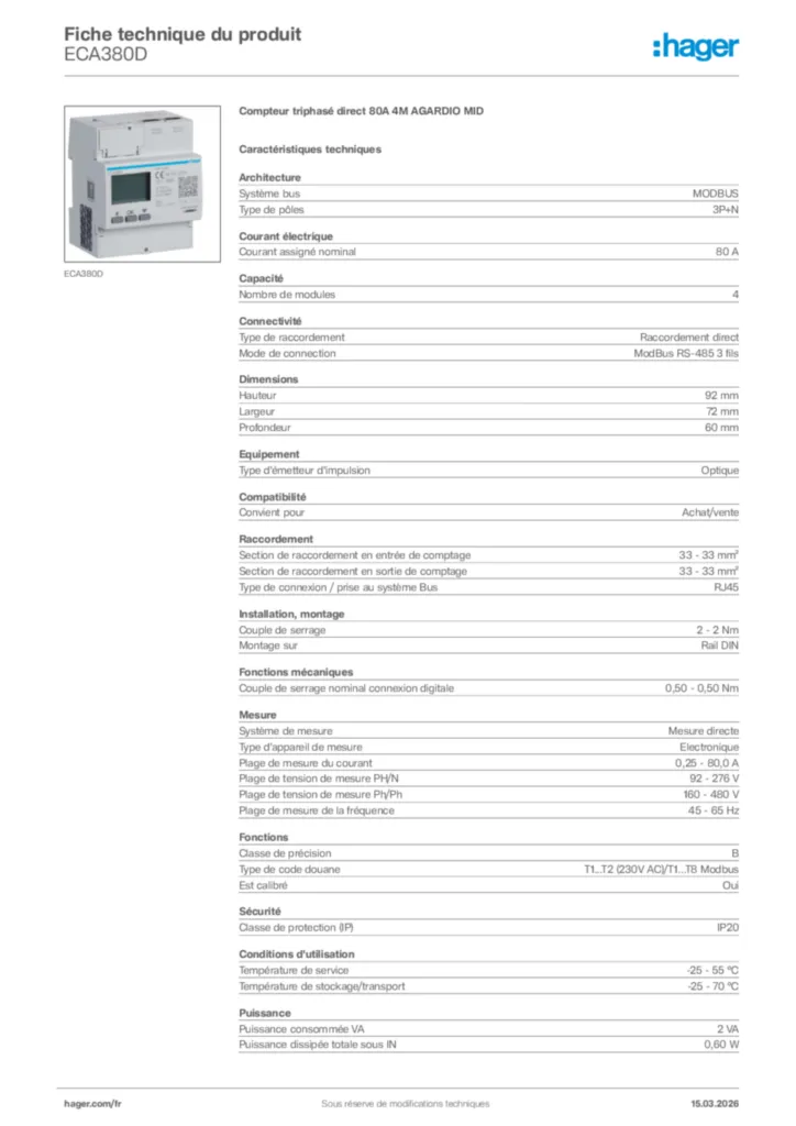 Image Hager Fiche technique du produit ECA380D | Hager France