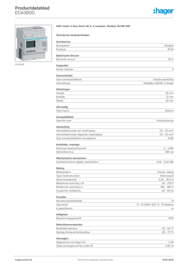 Afbeelding Hager Productdatablad ECA380D | Hager Belgium