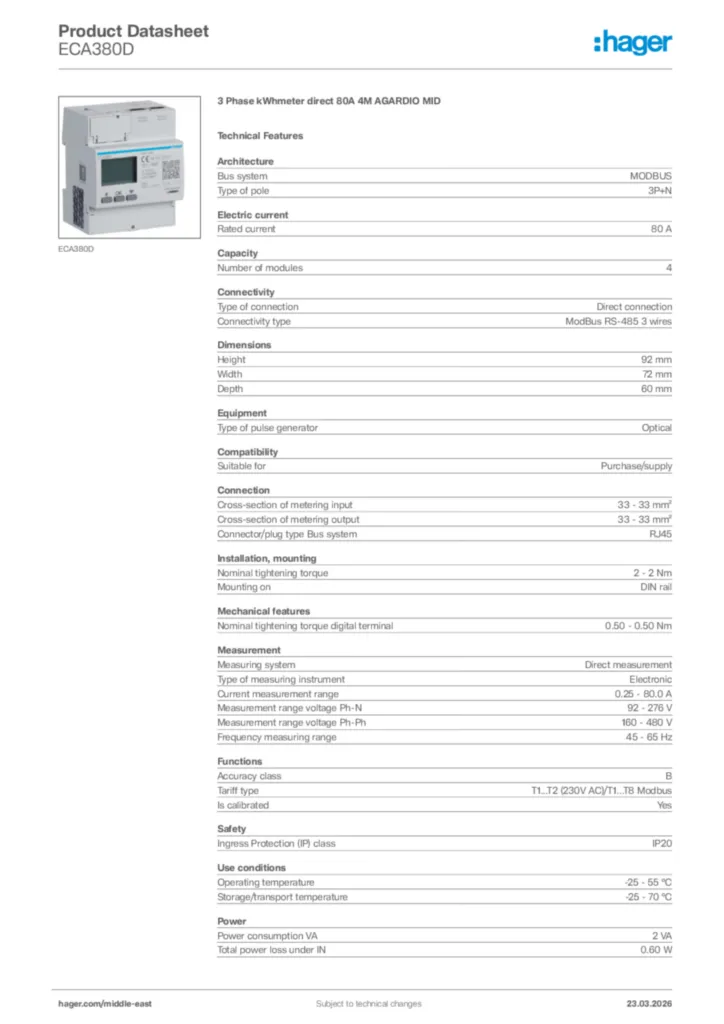 Image Hager Product data sheet ECA380D  | Hager