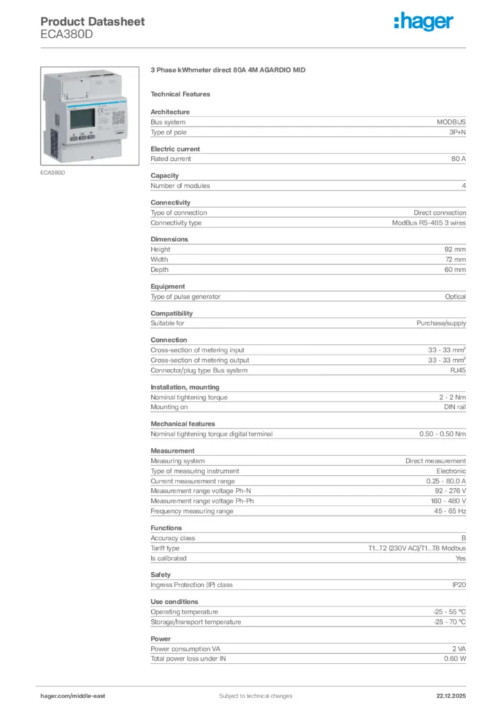 Image Hager Product data sheet ECA380D  | Hager