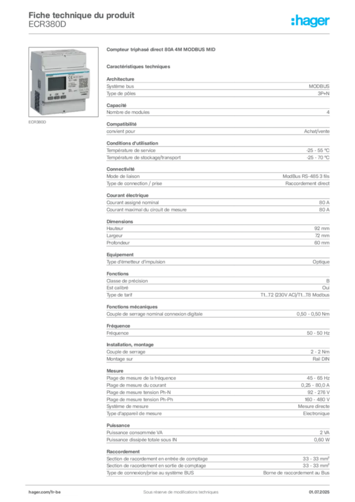 Image Hager Fiche technique du produit ECR380D | Hager Belgique