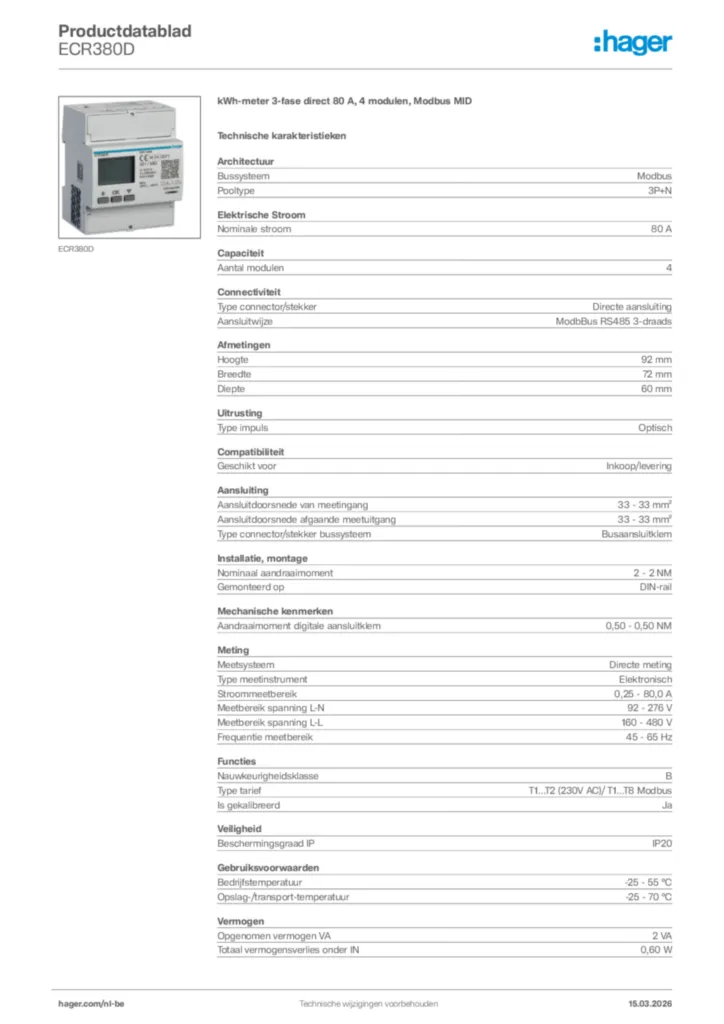 Afbeelding Hager Productdatablad ECR380D | Hager Belgium