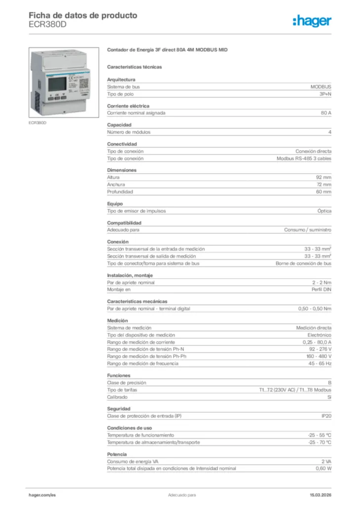 Imagen Hager Ficha de datos de producto ECR380D | Hager España