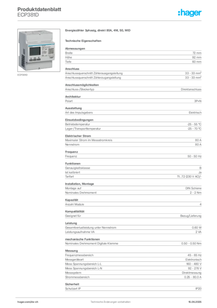 Bild Hager Produktdatenblatt ECP381D | Hager Schweiz