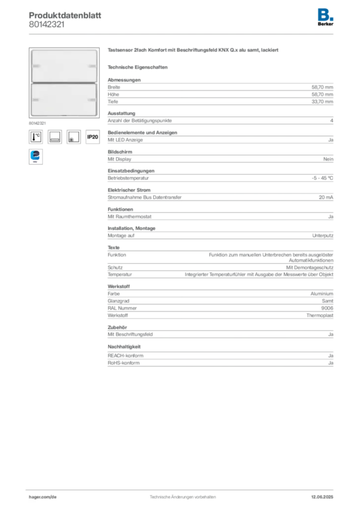 Bild Berker Produktdatenblatt 80142321 | Hager Deutschland