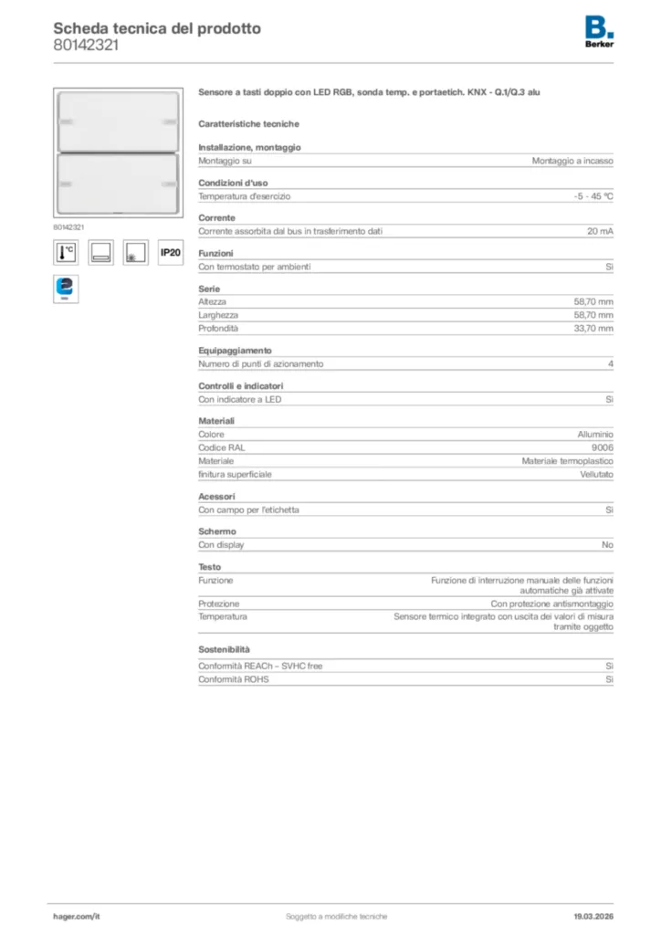 Immagine Berker Scheda tecnica del prodotto 80142321 | Hager Italia
