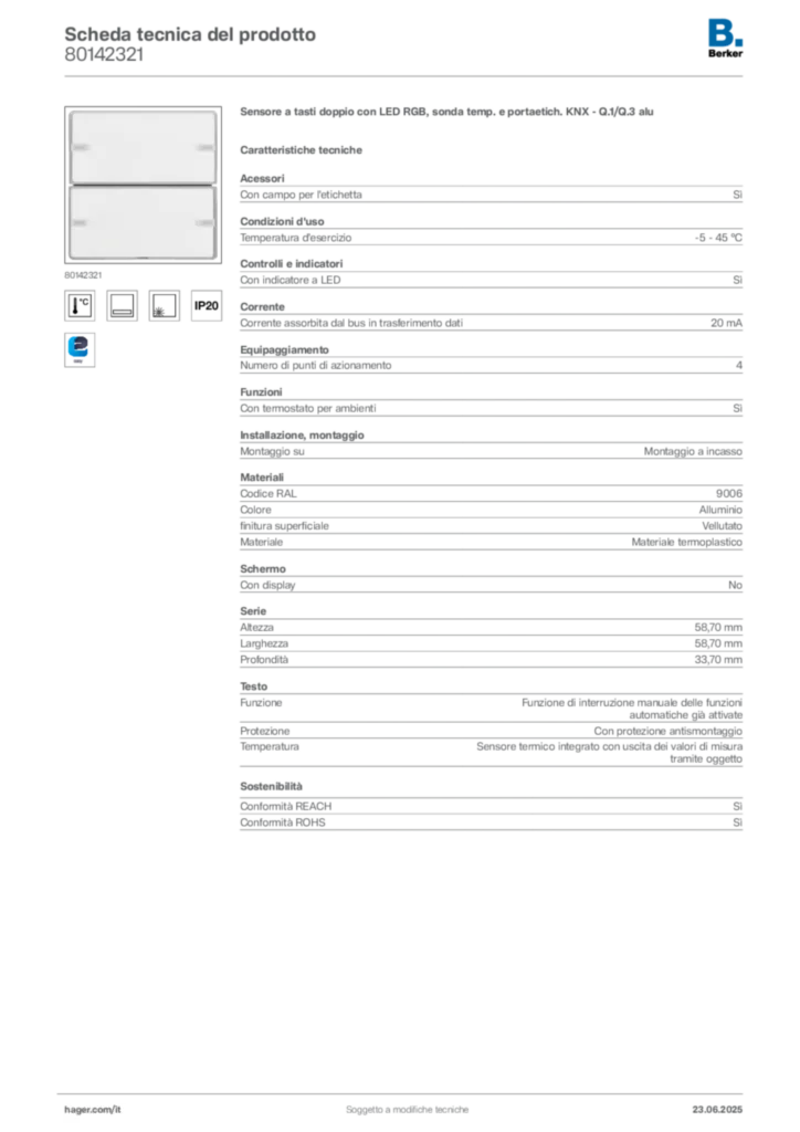 Immagine Berker Scheda tecnica del prodotto 80142321 | Hager Italia