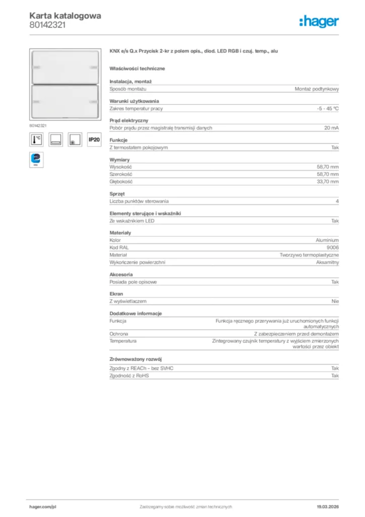 Zdjęcie Hager Karta katalogowa 80142321 | Hager Polska