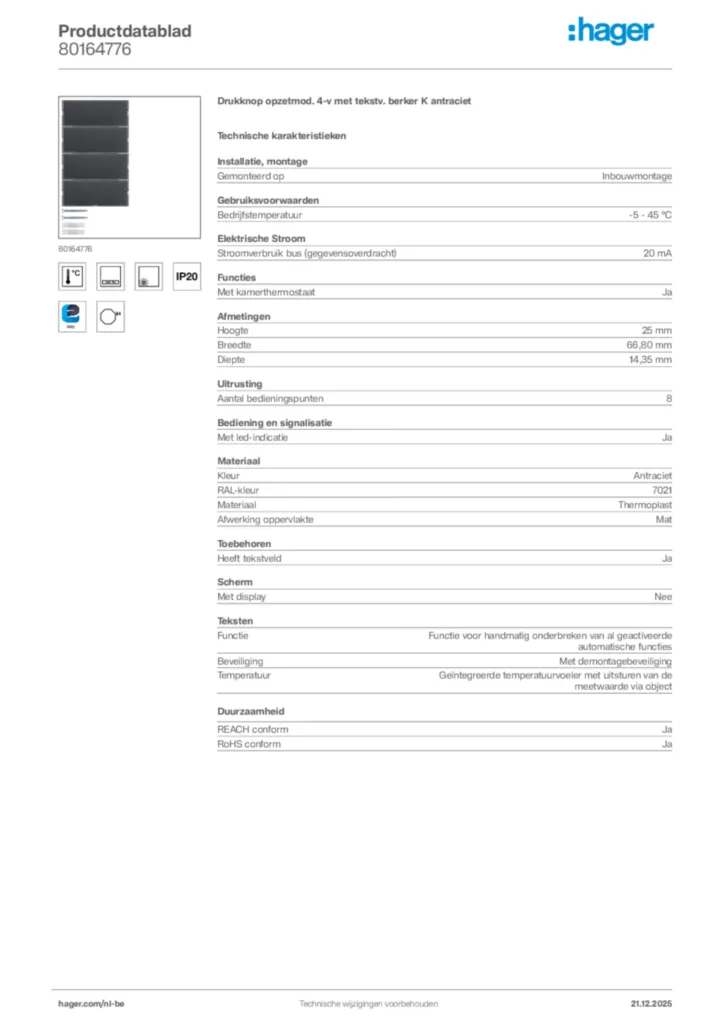 Afbeelding Hager Productdatablad 80164776 | Hager Belgium