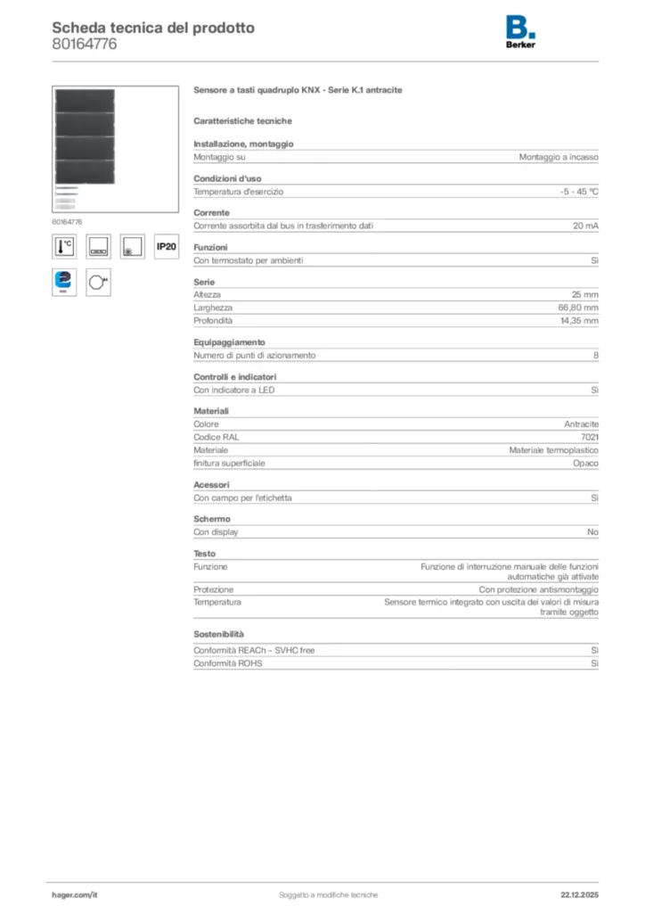 Immagine Berker Scheda tecnica del prodotto 80164776 | Hager Italia