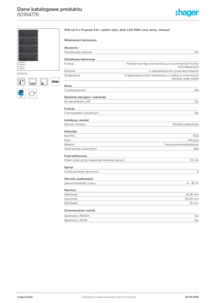 Zdjęcie Hager Dane katalogowe produktu 80164776 | Hager Polska