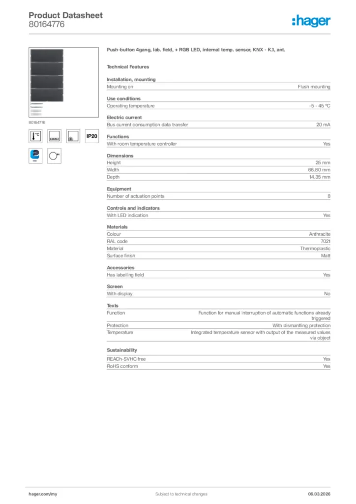 Image Hager Product data sheet 80164776  | Hager