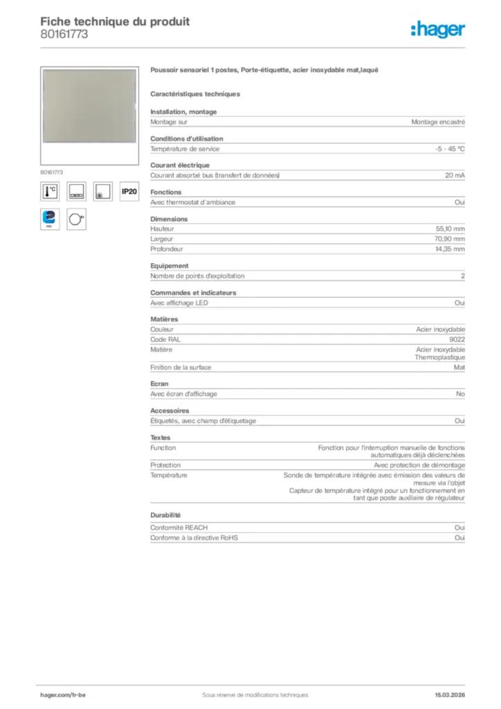 Image Hager Fiche technique du produit 80161773 | Hager Belgique