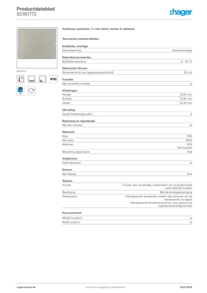 Afbeelding Hager Productdatablad 80161773 | Hager Belgium