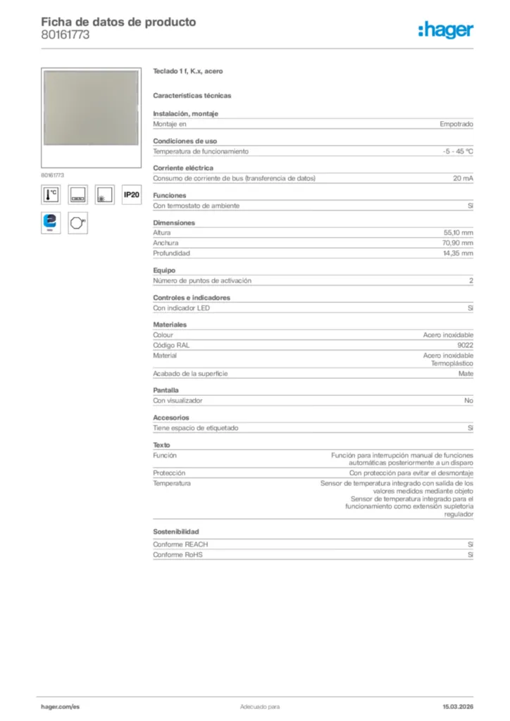 Imagen Hager Ficha de datos de producto 80161773 | Hager España