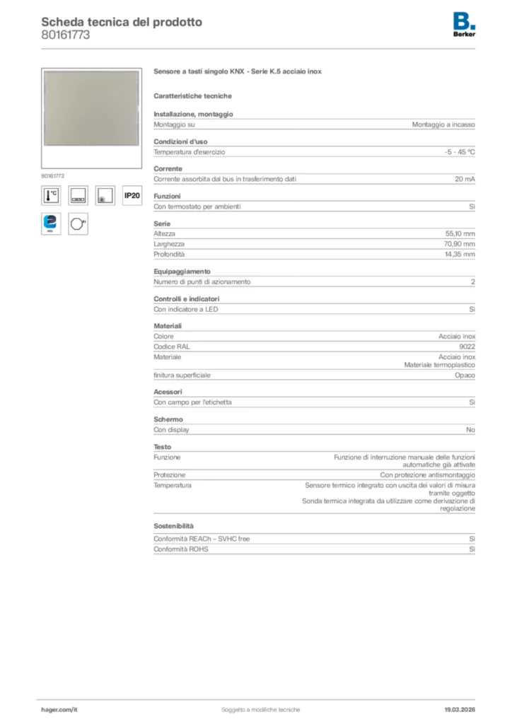 Immagine Berker Scheda tecnica del prodotto 80161773 | Hager Italia