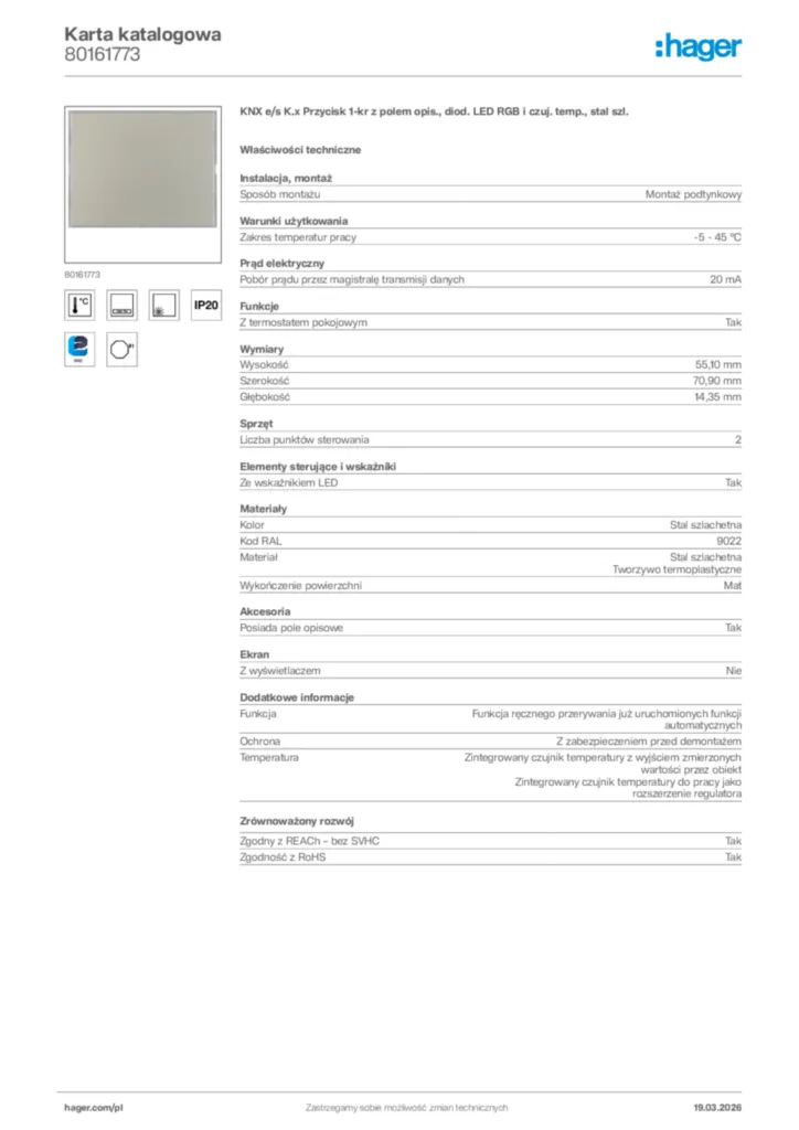 Zdjęcie Hager Karta katalogowa 80161773 | Hager Polska