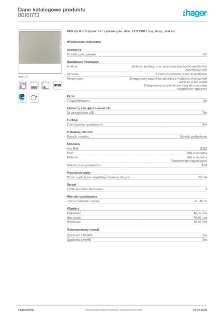 Zdjęcie Hager Dane katalogowe produktu 80161773 | Hager Polska