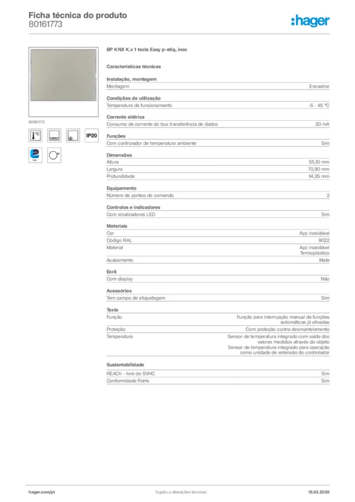 Imagem Hager Ficha técnica do produto 80161773 | Hager Portugal