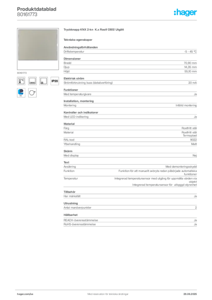 Bild Hager Produktdatablad 80161773 | Hager Sverige